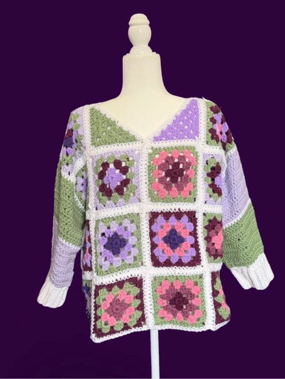 Handmade Crochet Granny Square Patchwork Sweater - Lavender, Green & Pink